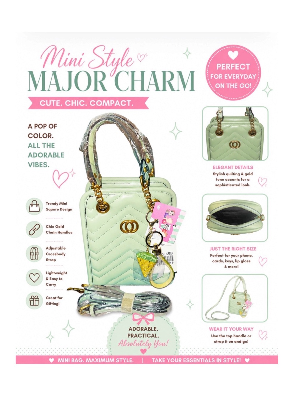 MINI LIGHT GREEN QUILTED CROSSBODY HANDBAG & BAG CHARM SET